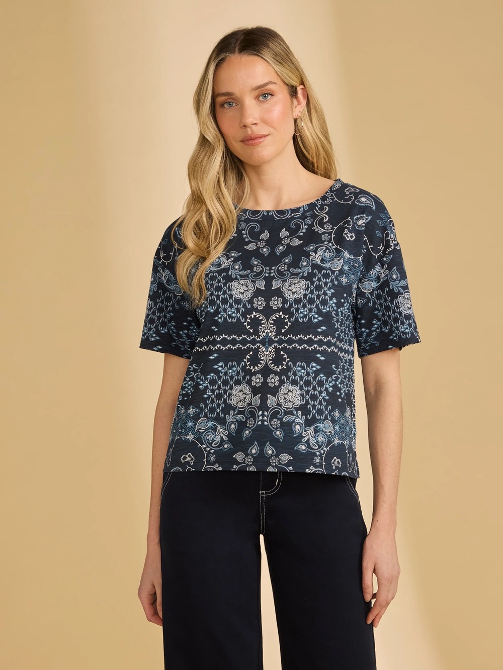 French Dressing Jeans Women's Blue Polynesian Block Print Top
